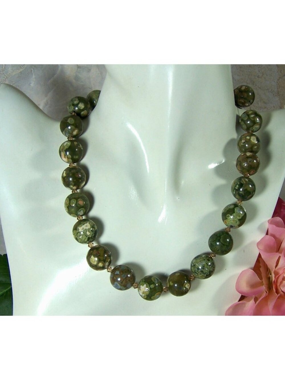Rainforest Rhyolite Beaded Gemstone Necklace 15mm Bead Size Handmade 16" READ